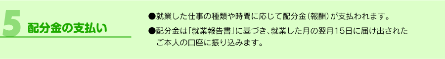 「5.配分金の支払い」●就業した仕事の種類や時間に応じて配分金（報酬）が支払われます。●配分金は「就業報告書」に基づき、就業した月の翌月15日に届け出された　ご本人の口座に振り込みます。
