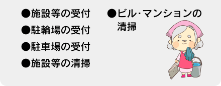施設等の受付、駐輪場の受付、駐車場の受付、施設等の清掃、ビル・マンションの清掃